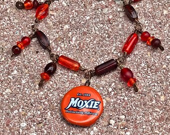 Moxie Soda Cap Tough Girl, Soft Girl Bracelet Matching Wire Wrapped Glass Art Beads Vibrant Orange, Cherry Red and Root Beer Brown