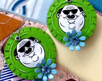 Whimsical Lime Green Fat Head's Brewery Earrings with Hand Painted Backs