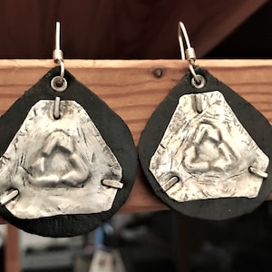 Universal Recycle Symbol On Black Leather Punk Style Earrings