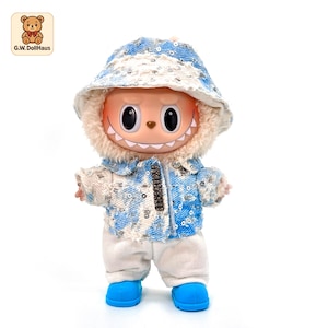 G.W.Handmade 4-Piece Streetwear Set for 17cm Labubu Doll – Tie-Dye Denim Hat, Jacket, Pants & Shoes, Perfect for Camping and Casual Outings