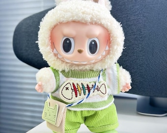 G.W.Labubu 4-Piece Fishing Day Set – Handmade Overalls, Sweater, Pants, Bag & Green Boots for 17cm Dolls, GW Bunny Camper Outfit