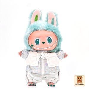 G.W.Cool Bunny Hooded Streetwear for 15-17cm Labubu Doll - Holographic Silver Festival Outfit, Edgy Doll Clothes for Display & Gifting
