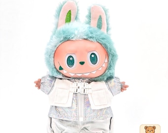G.W.Cool Bunny Hooded Streetwear for 15-17cm Labubu Doll - Holographic Silver Festival Outfit, Edgy Doll Clothes for Display & Gifting