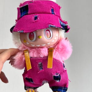 G.W.Handmade Distressed Pink Canvas Overalls & Hat Set for 1-3 Generation Labubu Dolls, Vintage Street Style Outfit for Collectors