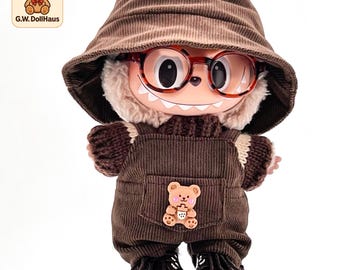 G.W.Handmade Labubu Outfit Set – Brown Corduroy Overalls, Glasses, Hat, Sweater & Shoes for 17cm Dolls, Perfect for Summer Camping and Gifts