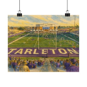 May include: A colorful illustration of a football field with the word "TARLETON" in large purple letters. The field is green, and the stands are filled with spectators. The sky is a mix of yellow and blue.