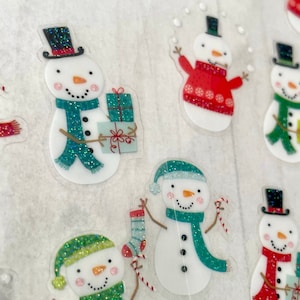 Cute Snowman Sticker sheet clear background 2 sheets glitter snowmen stickers  Journal resin planner Winter Christmas bright w1 A13