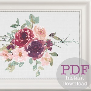 Purple Cabbage Rose Bouquet Cross Stitch Pattern  PDF instant download pink English flower arrangement digital counted chart pattern keeper