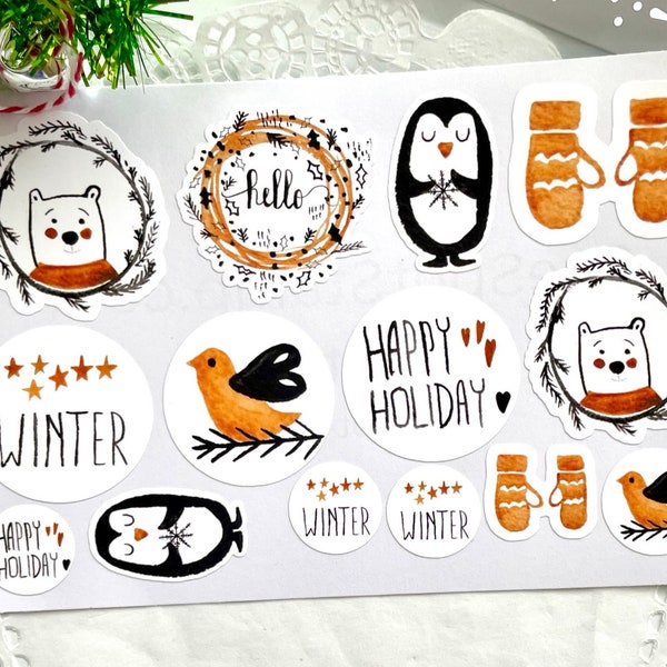Winter Sticker Sheet Sketched Stickers Scandi Stickers Sentiment envelope stickers Nordic modern illustration bear bird mittens penguin   E7