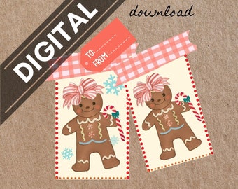 Christmas Digital download Vintage Gingerbread man printable to from Gingerbread man tag you print at home Christmas Gift PNG gift tag