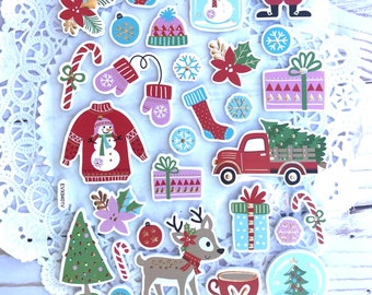 Christmas Stickers set embellishment xmas card making cute deer santa volkswagen bug car red truck snowglobe tree stocking mittens hat C2