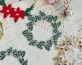 Christmas Wreath Die Cuts inthick cardstock cardboard Holly Poinsettia Mistletoe Gold Foiled round open center  w1