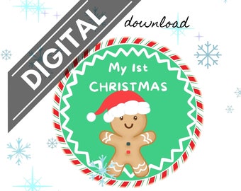 Baby's first Christmas labelsDigital printable stickerstags peppermint stripe frame Gingerbread man circle you print download  Cricut