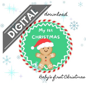 Autocollants imprimables en téléchargement numérique pour les premiers Noël de bébé, cadre à rayures menthe poivrée, cercle de bonhomme en pain d'épice que vous imprimez Cricut