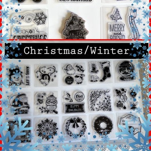 Clear Christmas Stamps Santa Reindeer Tag Penguin Gingerbread man Elf Present Sentiments Bird Snowglobe Snowflake clear mini dec 25th retro