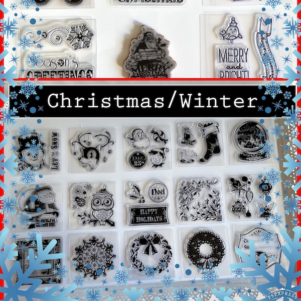 Clear Christmas Stamps Santa Reindeer Tag Penguin Gingerbread man Elf Present Sentiments Bird Snowglobe Snowflake clear mini dec 25th retro