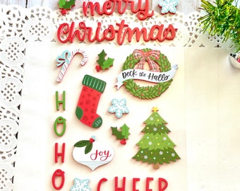 Cheery Christmas Sticker Sheet variety of 3D die cut wreath tree stocking Merry Christmas ho ho ho jingle cheer ornaments candy cane