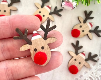 Wooden reindeer embellishment laser cut mini pom pom nose rudolph red nose santa hat 6 pieces