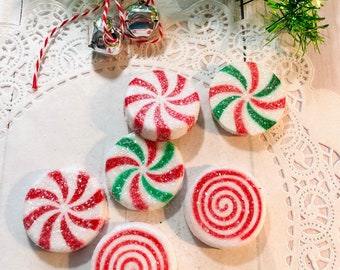 Christmas Peppermint Candy cane embellishment sugared ornament mini red and white green striped Charms Starlight Candy 6 w1