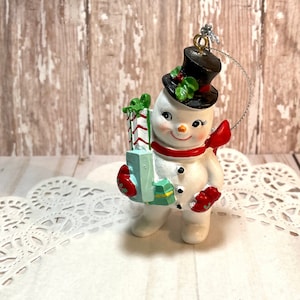 Retro Snowman Christmas figurine Ornament  Putz Houses Glitter decoration  vintage retro 1940 style small little Tree  diorama w3