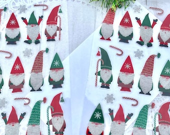 Christmas Gnome Stickers red green white glitter on  clear Mylar transparent background candy canes snowflakes    w1 A7