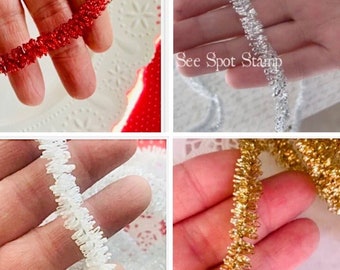 mini Tinsel Garland Gold Silver Red White Iridescent Ribbon trim little miniature small tiny vintage style looped and fringe 5 yds hlw1