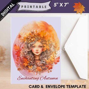 Biglietto d'auguri fantasy download digitale Autunno Equinozio d'autunno Ragazza pagana Mabon in Orb 5x7 vuoto all'interno donna con corona autunnale dea
