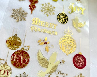 Elegant Christmas sticker Sheet assorted ornaments snowflakes tree sentiments flourish gold foil red religious clear Mylar background fancy