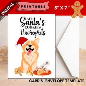 Carte imprimable Père Noël chien pour Noël ou l'hiver Chien mignon qui a mangé les biscuits du Père Noël carte de voeux chien en biscuits de bonnet de Noel