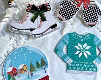 Winter Diecuts thick cardstock cardboard Snowglobe Ice Skates, Sweater Mittens  card scrapbook craft supply Christmas die cut 12 pc   w1