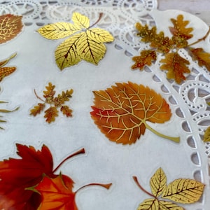 Pu&ograve; includere: Una collezione di adesivi a tema autunnale con varie forme di foglie nei toni dell'oro, del rosso e dell'arancione. Alcuni adesivi hanno dettagli in lamina d'oro. Gli adesivi sono disposti su una superficie bianca bordata di pizzo.