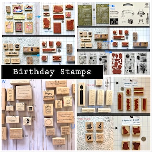 Birthday Rubber Stamps wishes sentiments phrases candle hat cupcake balloon belated happy cake balloon flowers girl drinks present ME