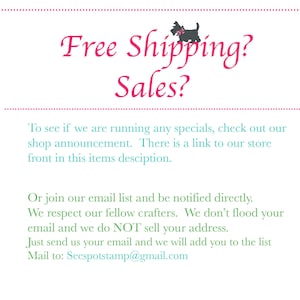 May include: A white background with pink text reading "Free Shipping? Sales?" A small black dog illustration is at the top. Further text provides information about shop announcements and joining an email list. The email address is Seespotstamp@gmail.com.