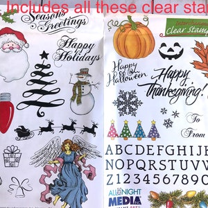 Christmas Thanksgiving Halloween Clear Stamp SET   alphabet santa sentiments pumpkin face tree oak leaf snowman holly boughs light rubber w7