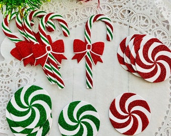 Christmas Candy Cane Die Cuts Stickers Starlight Peppermint Candies Red White Green Glitter cardboard decorations embellishments   w1