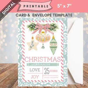 Carte postale imprimable pour Noël rose pastel rose sarcelle carte de voeux carte de voeux rayures canne à sucre numérique téléchargeable pdf