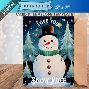 Tarjeta de invierno imprimible Tarjeta de felicitación de muñeco de nieve Descarga digital Juego de palabras Te amo Nieve Muchos saludos Naturaleza Bosque Noche Arte Ilustración PDF