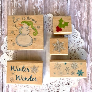 Winter Snow Rubber Stamp set Snowman winter wonderland Let it snow sentiments snowflake Holly leaf Christmas wood mount flurry  border   w8