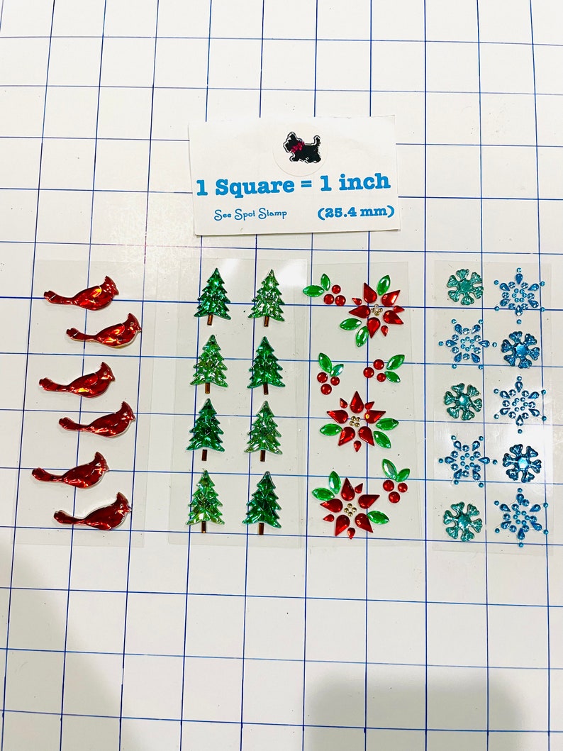 Christmas Gemstone Stickers adhesive gems winter snowflakes poinsettia red flower Pine Trees Cardinal birds holly berryr rhinestone jewel image 5