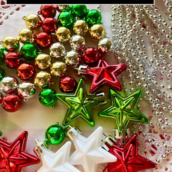 Christmas Balls Embellishments ornaments tree mini miniature little ornaments hole Stars silver gold red green white  1/2 inch w3