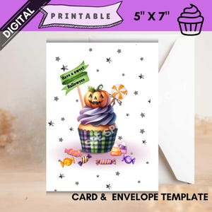 Printable Halloween Greeting Card instant digital download Sweet Halloween cupcake and candy 5 x 7 print at home dessert theme pumpkin spice