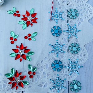 Christmas Gemstone Stickers adhesive gems winter snowflakes poinsettia red flower Pine Trees Cardinal birds holly berryr rhinestone jewel image 3