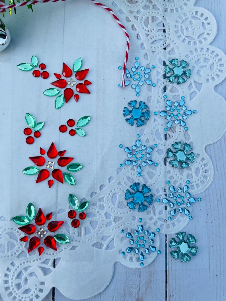 Christmas Gemstone Stickers adhesive gems winter snowflakes poinsettia red flower Pine Trees Cardinal birds holly berryr rhinestone jewel image 3