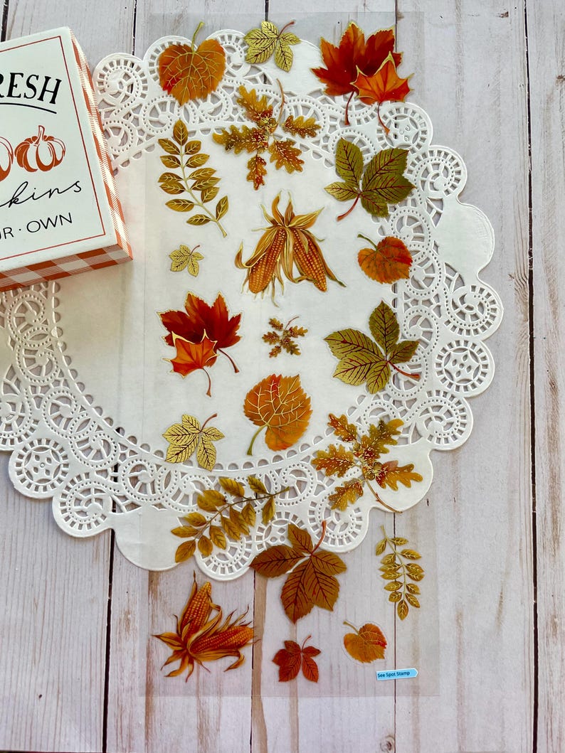 Pu&ograve; includere: Una collezione di adesivi a tema autunnale con vari disegni di foglie nei toni dell'arancione, del rosso e dell'oro. Gli adesivi sono disposti su una tovaglietta bianca con bordi in pizzo, con una piccola scatola che dice "FRESH PUMPKINS FOR OWN".