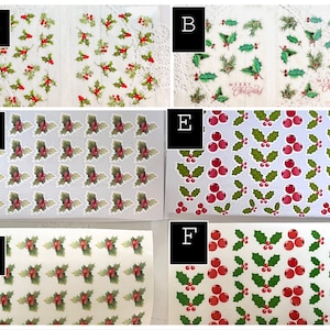 May include: Six sheets of Christmas stickers with various designs. The stickers feature holly leaves, berries, and the words "Merry Christmas".