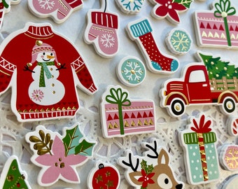 Christmas Stickers red pickup truck santa volkswagon mittens deer sweater hat assorted chipboard embellishments paper decoration  gold  C2