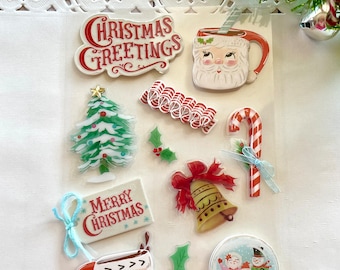 Vintage Style Christmas Stickers sheet  Retro Christmas stickers on clear Mylar background 3D layered Santa Snowglobe