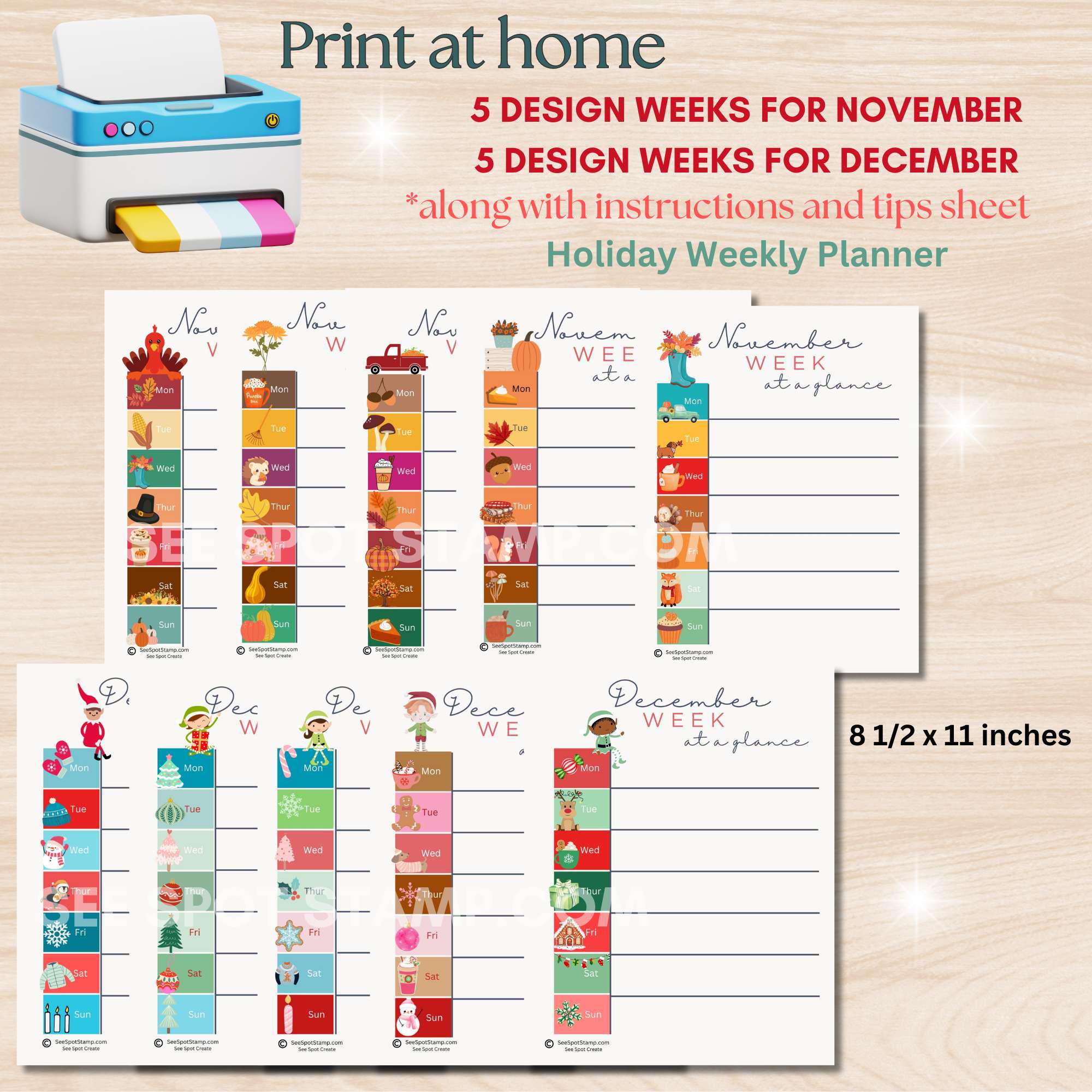 Weekly Planner Printable Holiday Calendar Digital Download Thanksgiving ...