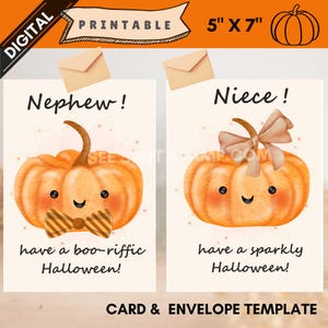 Carte de voeux imprimable Halloween pour nièce pour neveu aquarelle look gourde noeud citrouille carte avec enveloppe téléchargement numérique instantané