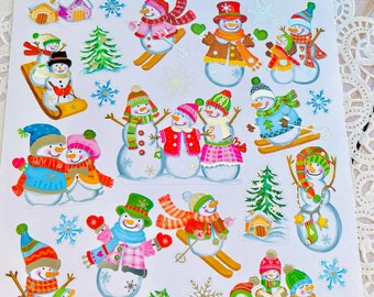 Snowman Stickers with silver accents skiing  sledding family singing snowflakes scarfs hats 3 2 couple winter Christmas C16